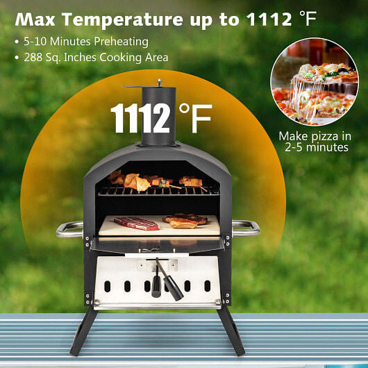 Outdoor Pizza Oven with Anti-scalding Handles and Foldable Legs-Black